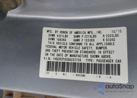 2016 Honda Accord Ex-L z USA, uszkodzony, nr VIN 1HGCR2F95GA053738